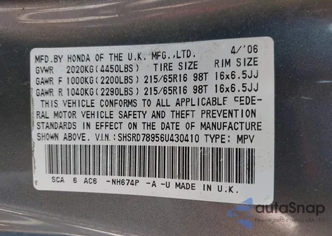 2006 Honda Cr-V Se from USA, damaged, VIN SHSRD78956U430410